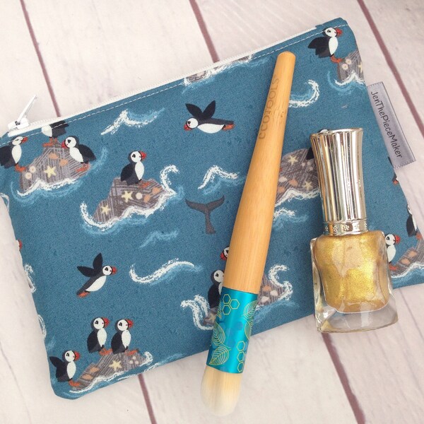 Puffins small makeup bag, make up bag, zippered pouch, storage pouch, phone pouch, puffins, whales, puffins mirror.