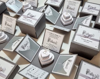 Illustrated Styled Exploding Wedding Invitation Boxes - Luxury Invites - Bespoke Invites - Wedding Stationery - Save The Date