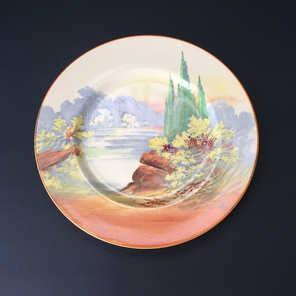 Assiette murale décorative vintage Art Déco Royal Doulton Woodley Dale avec paysage campagnard