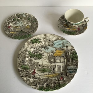 Prachtige vintage The Hunter van Myott England, veelkleurige 4-delige couvert