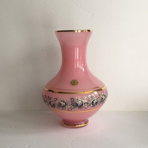 Vintage Italian Pink Glass with applied Black & White Roses Floral Rose Vase