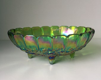 Beau grand bol en verre ovale à pieds (4) vert irisé Indiana Carnival en verre