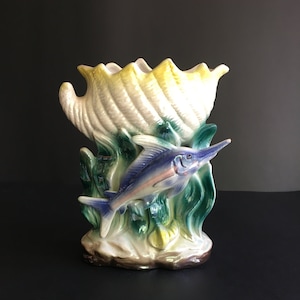 Blue Swimming Sword Fish Planter with a Shell on Top