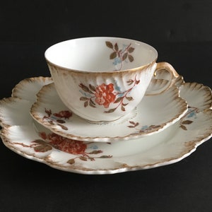 Antique Limoges A Lanternier Porcelain Trio Rust Roses Teacup Saucer and Side Plate