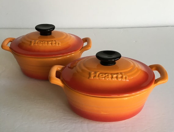 Set of 2 Vintage Orange Mini Oval Cocotte Stoneware Dish With Lid