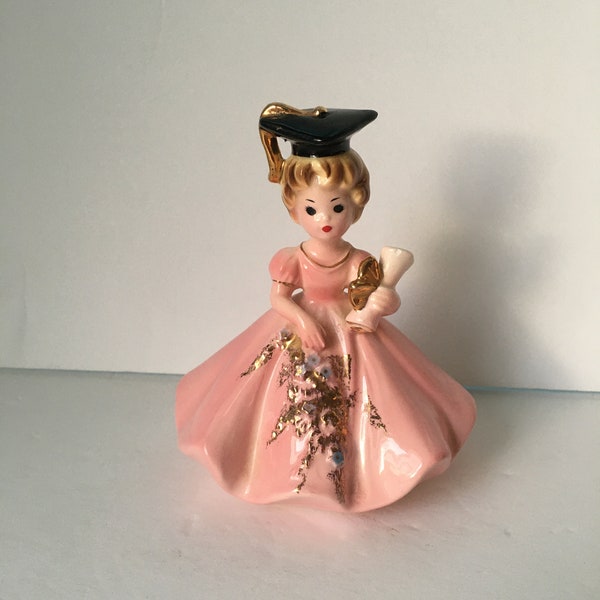 Lovely Josef Original Black Eyes Graduation Figurine with Pink Dress and Black Cap