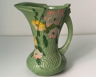 Vintage Adorable Deco Designed Green Small Pitcher with Dimpled Design and Flowers