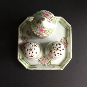 Vintage Porcelain Condiment Set Square Plate Salt and Pepper and Jan or Mustard Pot with Spoon