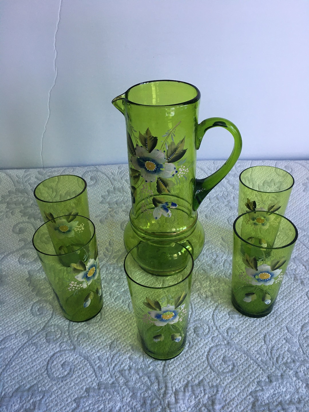 Antique Green Glass Pitcher With Matching Glasses Hand Painted Florals