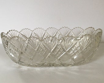 vintage American Brilliant Cut Glass Pineapple Diamond Large Oval Bowl 12" Long