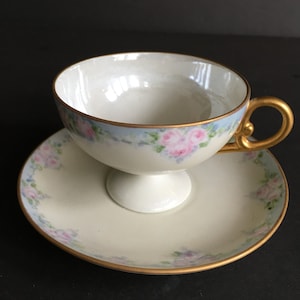 Belle tasse à thé et soucoupe en demi-lune nacrée avec bordure bleu pâle et roses roses
