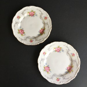 Op de afbeelding: Twee witte keramische borden met een gouden rand en een bloemenontwerp met roze en blauwe rozen. De borden hebben een gegolfde rand en een grijs en wit swirl-ontwerp.