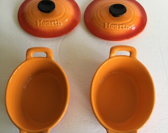 Set of 2 Vintage Orange Mini Oval Cocotte Stoneware Dish With Lid