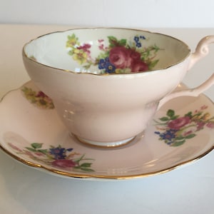 Vintage EB Foley Pink Teacup and Saucer with bright colourful Flowers