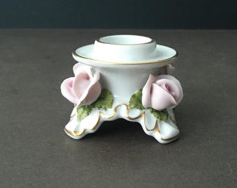 AK Kaiser West Germany Porcelain (4) Footed Candle Holder with Pink Roses