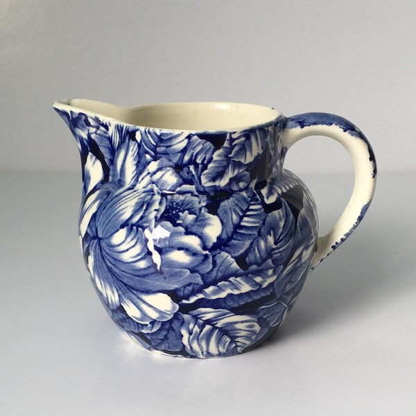 Vintage Myott Blue and White Pitcher Pattern is Bermuda and shows various Shades of Blue Leaves and large Rose or Peony