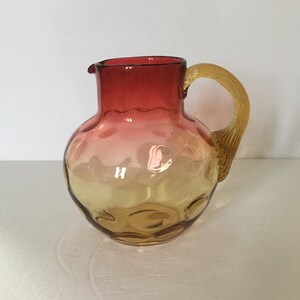 Red Amberina Coin-Dot Thumbprint Pattern Pitcher Jug Reed Handle Antique Beautiful