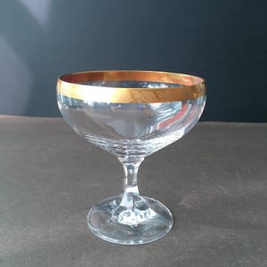 Peut inclure: Une coupe à champagne en verre transparent avec une bordure dorée et un motif floral délicat. La coupe est sur une surface grise.