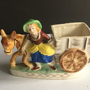 Lovely Vintage Small Inside Planter Showing a Woman with Cart and Donkey Very Colourful
