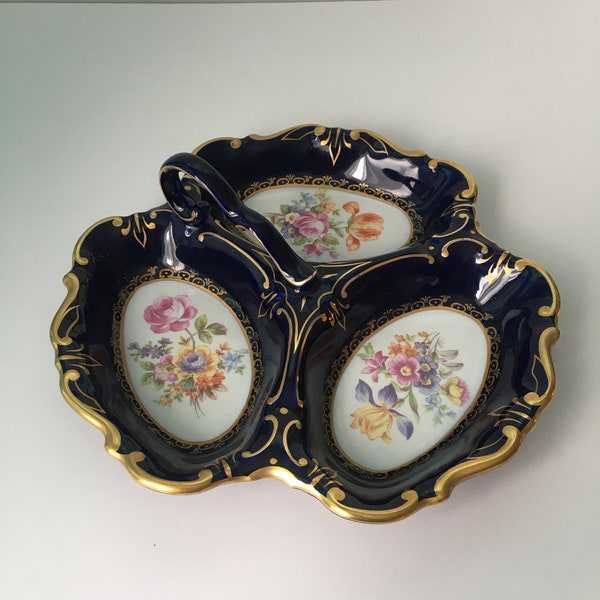 Adorable JLMENU East Germany Porcelain Cobalt Blue (3) Section Serving Tray with Handle, Gold Trim and Florals