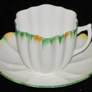 Lovely Vintage Melba England Porcelain Brush Strokes of Green Orange Teacup & Saucer
