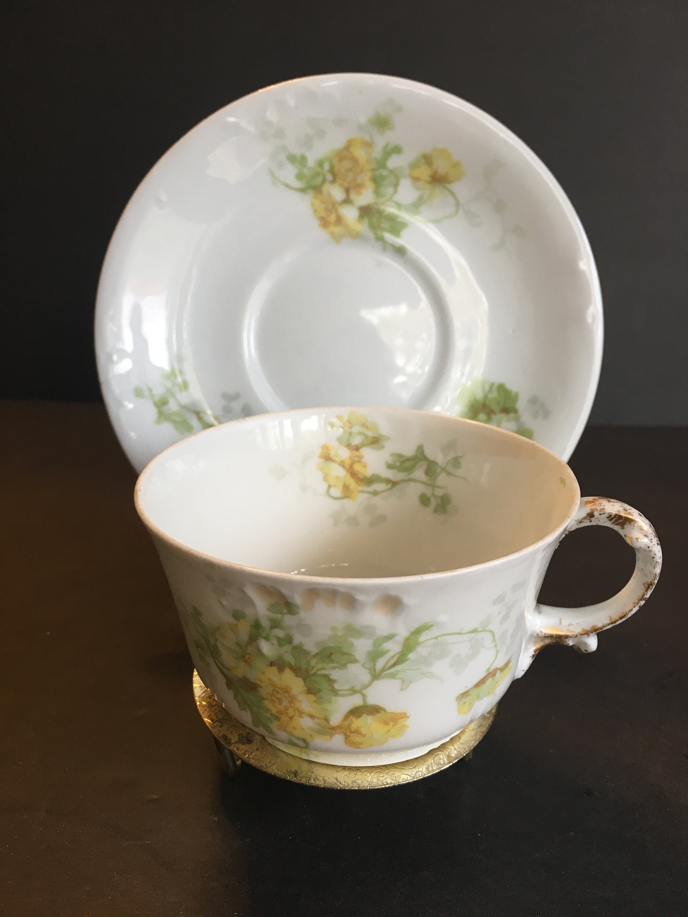 J. P L France Antique Teacup and Saucer Soft Green Foliage and Pale Yellow  Flowers 