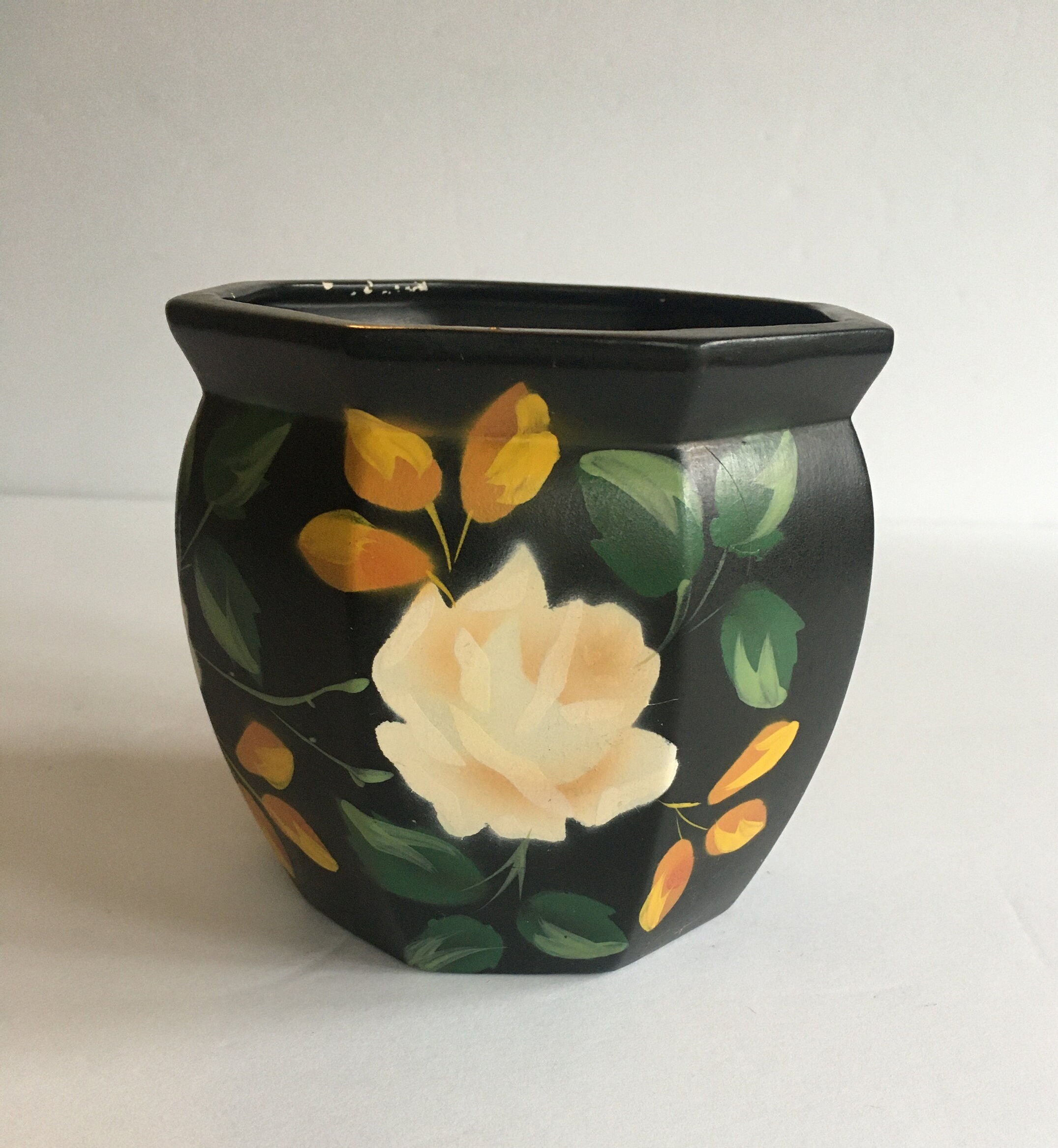 Elysia Deco Brentleigh Ware Vase Hand Painted Flat Black Interior/exterior with Creamy White Rose & Yellow Green Leaves