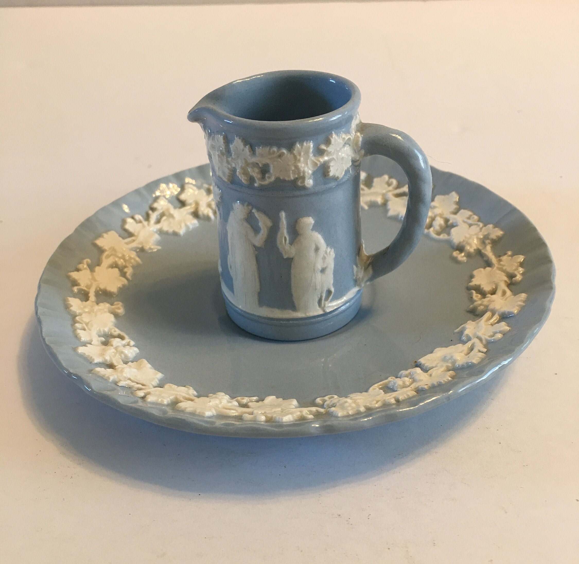 Wedgwood of Eturia & Barlaston Mini Pitcher and Orphan Saucer in  pale Blue with White Embossed Trim