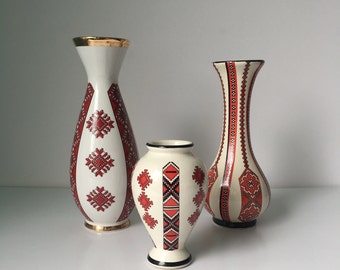 Vintage Set of (3) European Ukrainian/German Designed Vases in Red White & Black Assorted Sizes