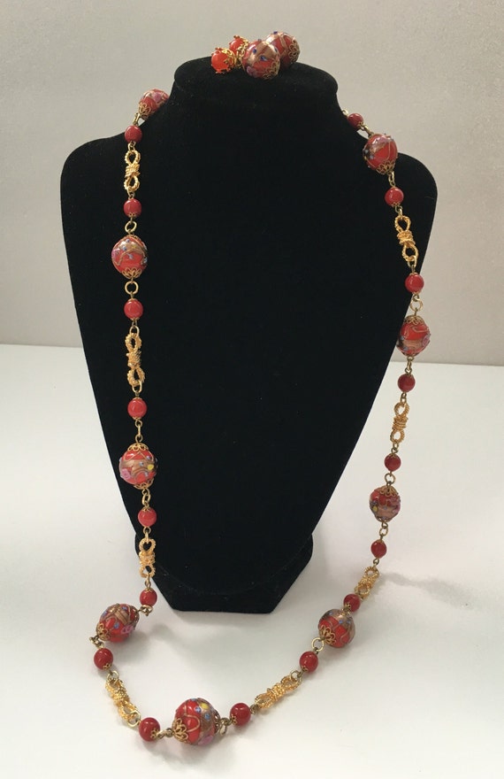 Vintage Gold Tone Red Glass Enamel Beads Necklace… - image 2