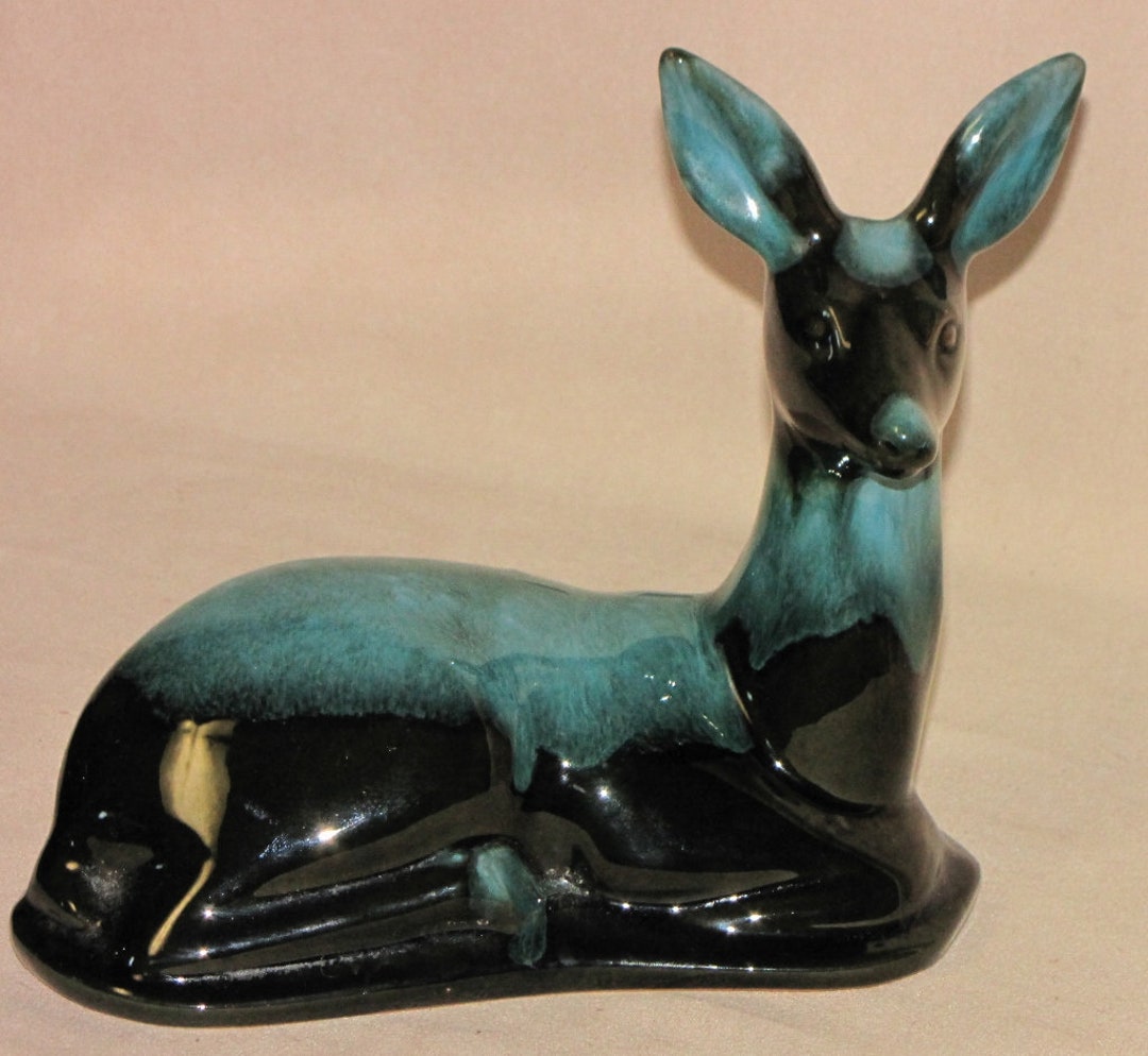 Vintage Canadian Pottery Green Drip Glazed Large Resting Deer Etsy