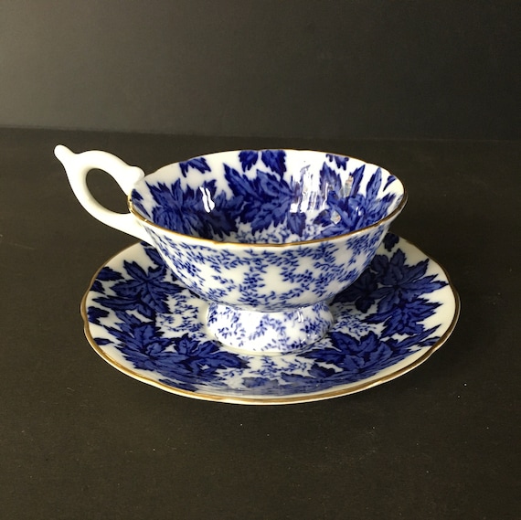 Coalport Blue Leaves and Vines on a bright White Base Teacup and Saucer