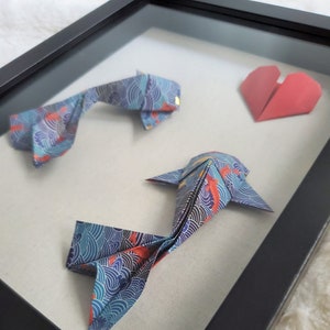 Two Patterned Origami Koi Fish with a Red Heart - Wooden Linen Shadow Box (8x10 in)