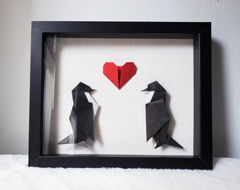 Two Origami Penguins with a Red Heart - Wooden Linen Shadow Box (8x10 in)