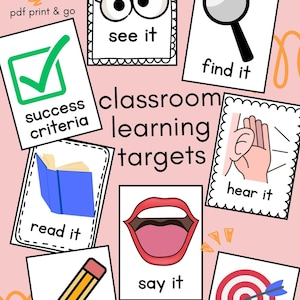 Può includere: Obiettivi di apprendimento in classe con illustrazioni e testo, tra cui "see it", "find it", "read it", "say it", "write it", "hear it" e "learning target". L'immagine include anche il testo "success criteria".