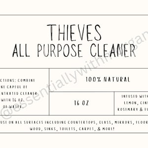 Thieves All Purpose Cleaner Label 16 oz. & recipe card