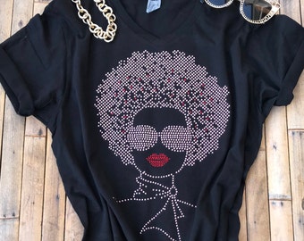 Women Rhinestone T-Shirts Afro Woman with Sunglasses Stylish Women Top Funny Women Tee Birthday Gift Christmas Mother's Day Workout Shirt