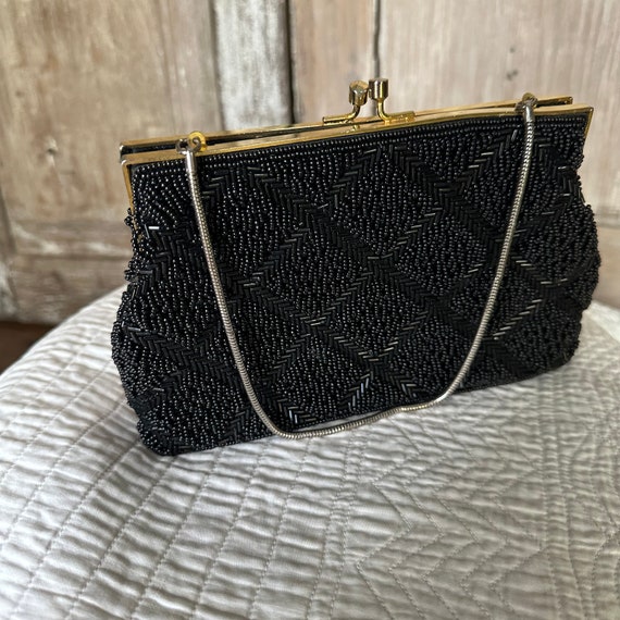 * VINTAGE '60s / '70s GLAMOROUS HAND MADE SPARKLING BLACK BEAD & SEQUIN  EVENING BAG FROM HONG KONG