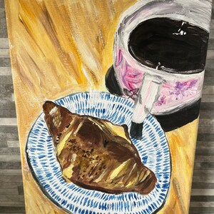 Croissant and Coffee, Coffee Lover Gift, Original Acrylic Painting on Canvas