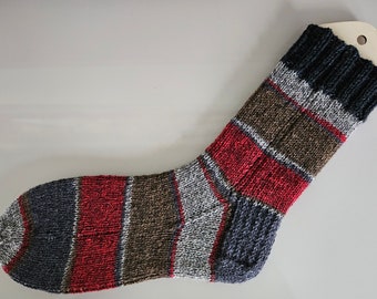 Hand knitted wool stockings - Brown, red and dark gray striped