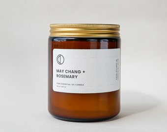 May Chang & Rosemary - Bougie de luxe en cire de soja naturelle parfumée dans un bocal en verre ambré avec couvercle