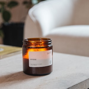 Hygge Cinnamon, Clove, Nutmeg, Orange, Ginger essential oil candle. soy wax candle in amber jar 400ml