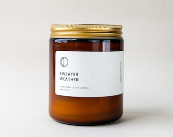 Sweater Weather - Pine, Ylang Ylang, Clove Essential oil Candle in Amber Jar. Soy wax candle.