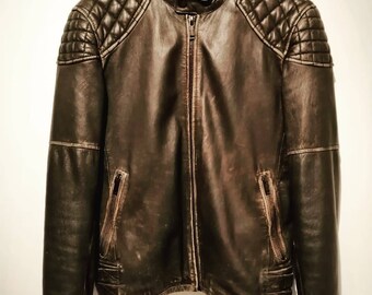 Vintage Cafe Racer Style Chaqueta de cuero envejecido Chevignon Marca Tamano mediano Hombre