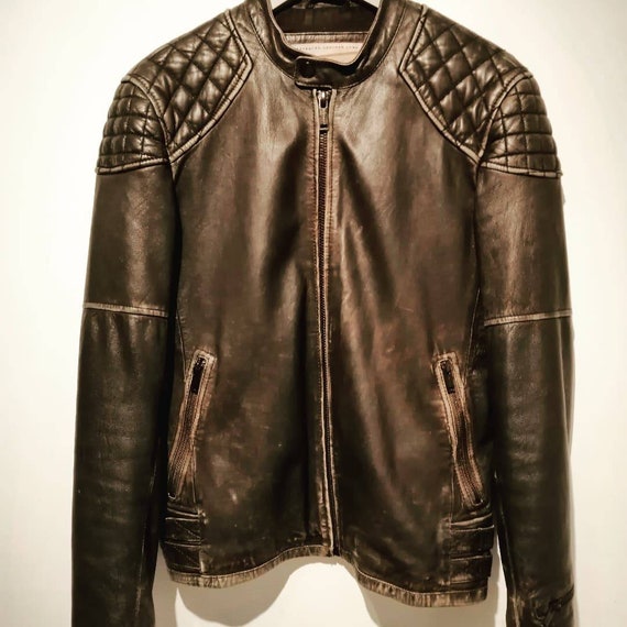 Vintage Cafe Racer Style Chaqueta De Cuero Envejecido Chevignon Marca Tamano Mediano Hombre Etsy UK