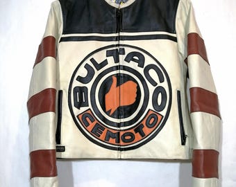 Second Hand Vintage 80's Original Bultaco Leather Jacket "Cafe Racer" Style Classic size M women's