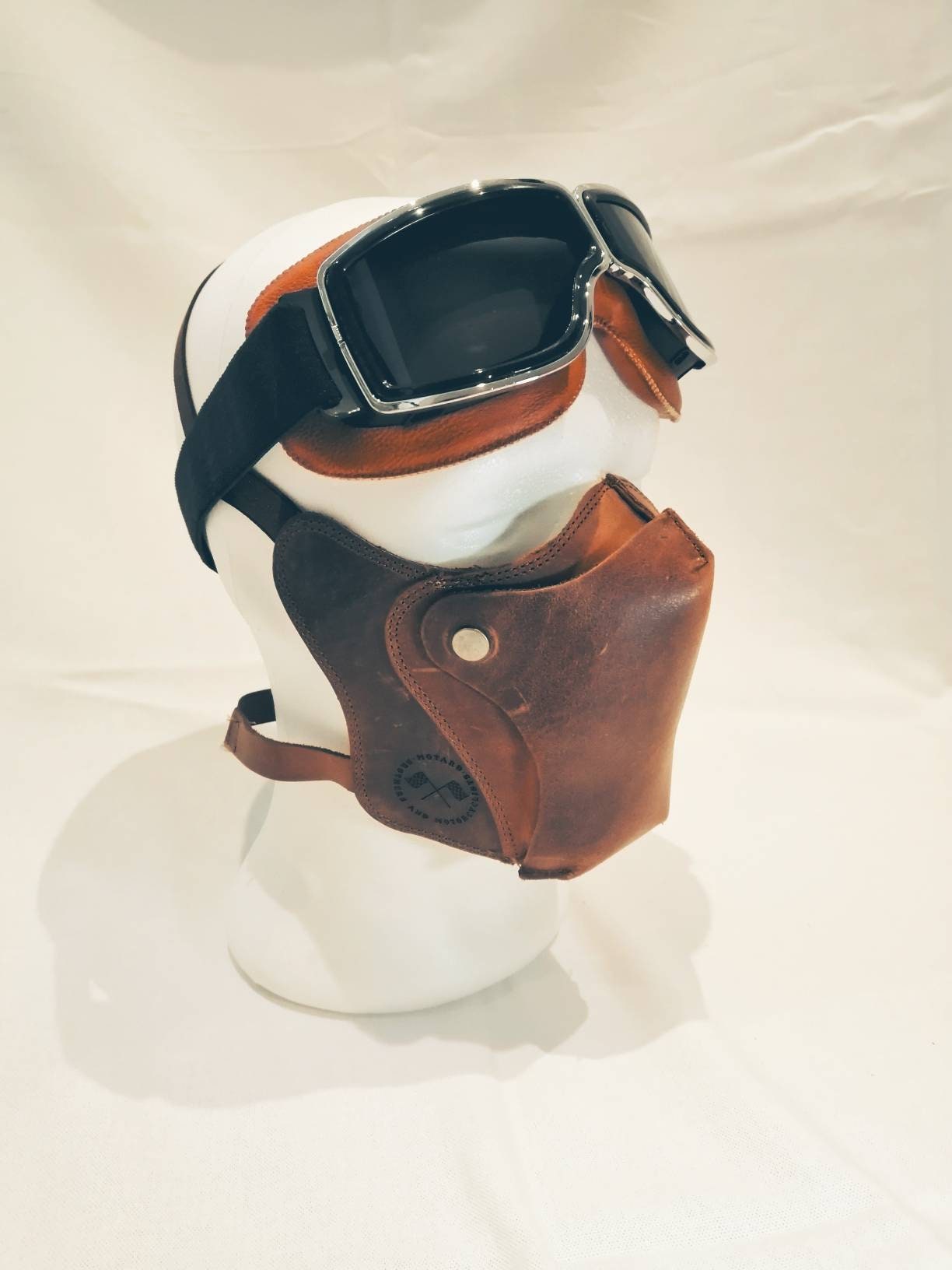 Set Máscara Estilo Vintage "Marrón" Cuero Genuino Vacuno + Gafas Lente "Semi Dark" for Cascos Abiertos Cafe Racer & Custom