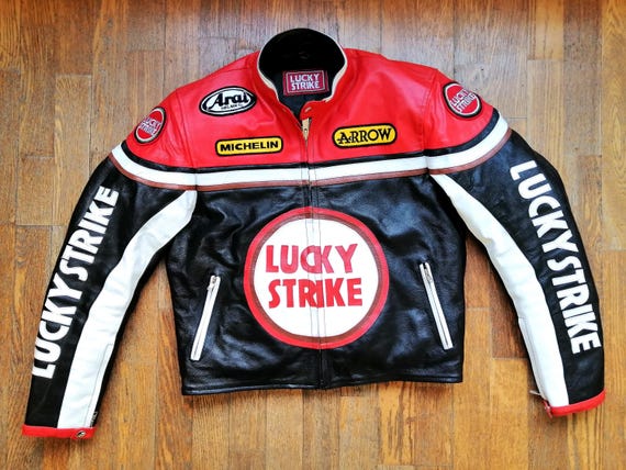 LUCKY STRIKE ラッキーストライク ライダース ジャケット Mサイズ Leather Jacket in the 90's Running Style, Lucky Strike Team