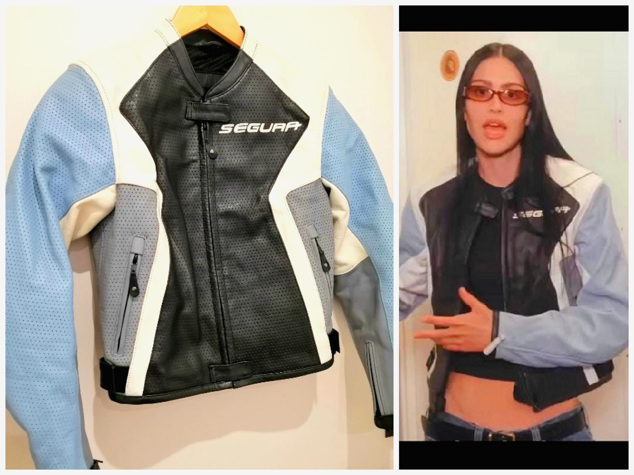 中古品 女性用オートバイ用レザージャケット Segura 70 ライトブルー M 