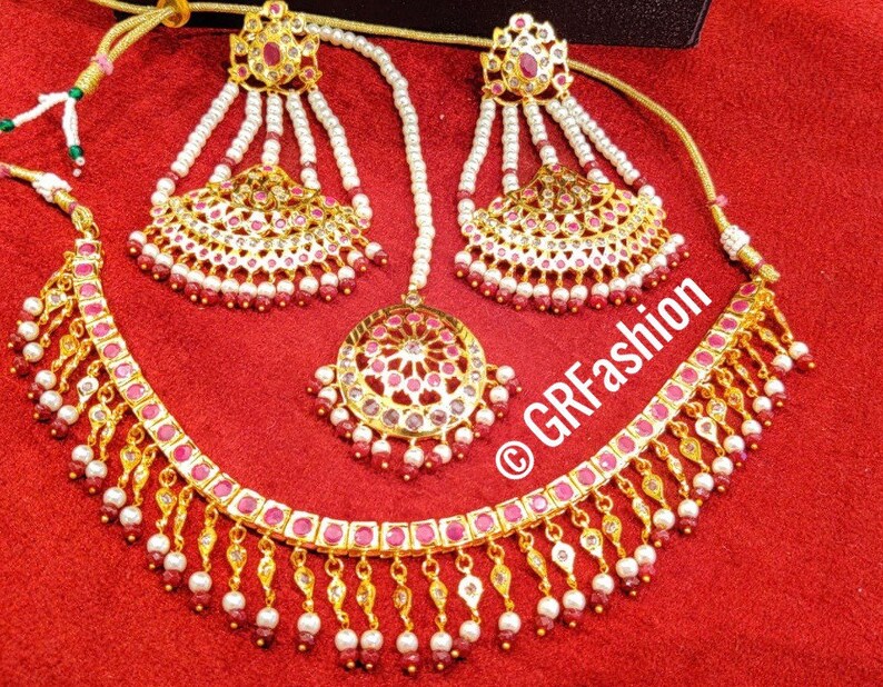 wedding Hyderabadi Jadau ruby and Polki stone set Indian jewelry Traditional Hyderabadi Tika
